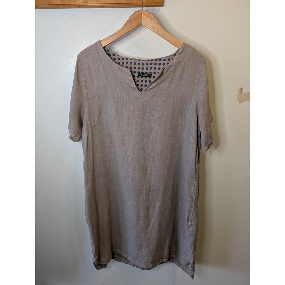 Lungo L'Arno Italian Linen Tunic Dress Taupe Polka Dot Lining Made Italy XL